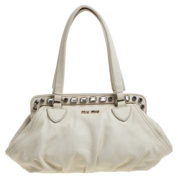 Pre Owned Miu Miu Off White Leather Crystal Embellished Satchel