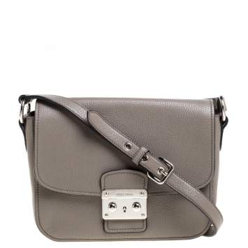 Pre Owned Miu Miu Grey Leather Madras Crossbody Bag 