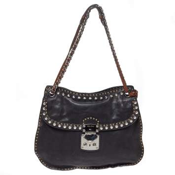 Pre Owned Miu Miu Black Leather Studded Shoulder Bag