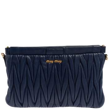 Pre Owned Miu Miu Navy Blue Matelasse Leather Frame Clutch Bag