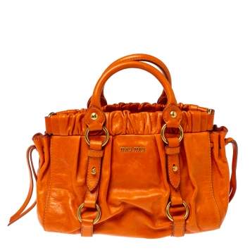 Pre Owned Miu Miu Orange Vitello Lux Leather Gathered Tote