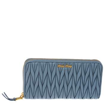 Pre Owned Miu Miu Blue Matelasse Leather Zip-Around Wallet