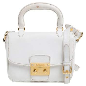 Pre Owned Miu Miu White Leather Madras Top Handle Bag
