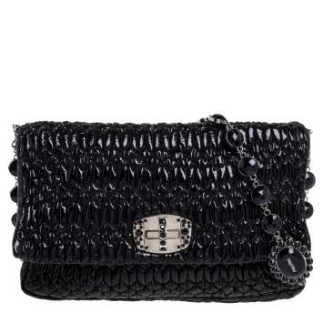 Pre Owned Miu Miu Black Matelasse Patent Leather Crystal Shoulder Bag