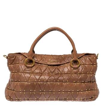 Pre Owned Miu Miu Brown Quilted Leather Studded Flap Tote
