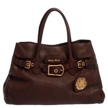 Pre Owned Miu Miu Brown Leather Unity is Strength Pin Tote