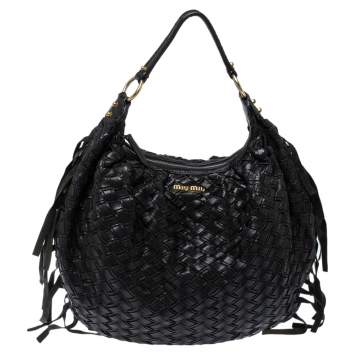 Pre Owned Miu Miu Black Woven Leather Fringe Hobo