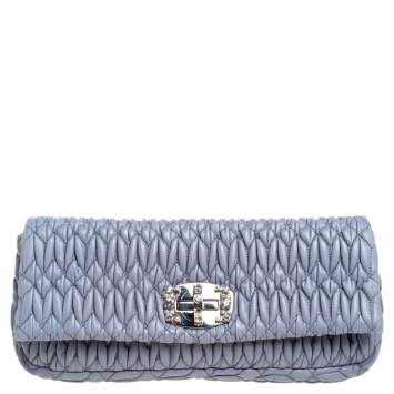 Pre Owned Miu Miu Blue Matelassé Leather Crystal Embellished Clutch