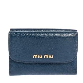 Pre Owned Miu Miu Blue Leather Madras Compact Wallet