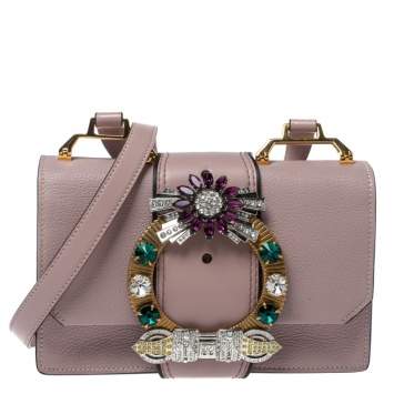 Pre Owned Miu Miu Dusty Pink Madras Leather Crystal Embellished Buckle Flap Shoulder Bag