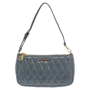 Pre Owned Miu Miu Blue Quilted Leather Zip Chain Clutch