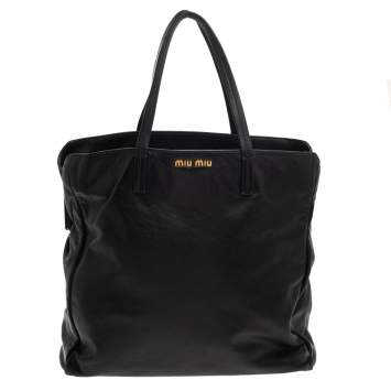 Pre Owned Miu Miu Black Soft Leather Kiss Lock Tote