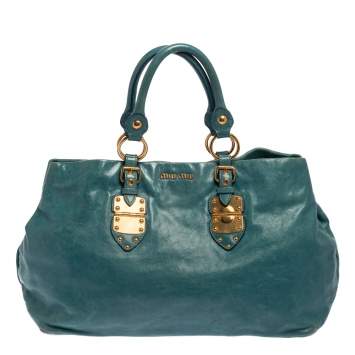Pre Owned Miu Miu Blue Vitello Shine Leather Tote
