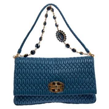 Pre Owned Miu Miu Blue Matelassé Leather Crystal Flap Shoulder Bag