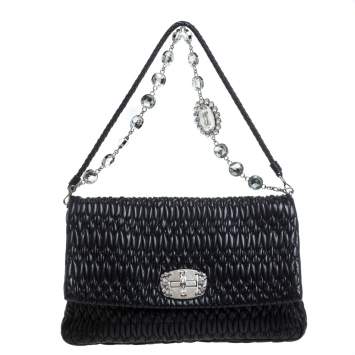 Pre Owned Miu Miu Black Matelasse Leather Crystal Shoulder Bag