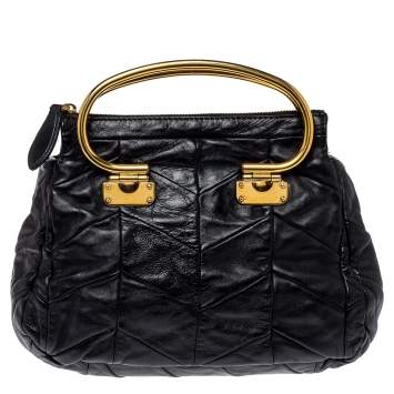 Pre Owned Miu Miu Black Leather Metal Handle Hobo 