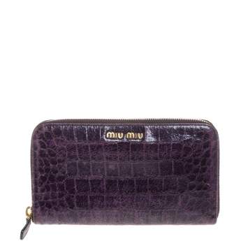 Pre Owned Miu Miu Purple Croc Embossed Leather Zip Around Wallet