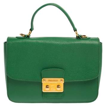 Pre Owned Miu Miu Green Madras Leather Push Lock Flap Top Handle Bag