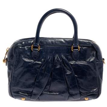 Pre Owned Miu Miu Navy Blue Glazed Pleated Leather Zip Satchel