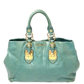 Pre Owned Miu Miu Blue Vitello Shine Leather Tote