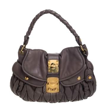 Pre Owned Miu Miu Taupe Matelassé Leather Coffer Hobo