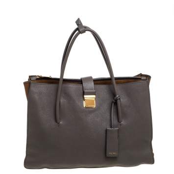 Pre Owned  Miu Miu Grey/Tan Madras Leather Large Push Lock Tote