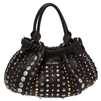 Pre Owned Miu Miu Black Leather Studded Hobo 