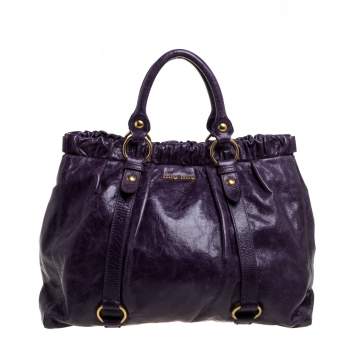 Pre Owned Miu Miu Purple Leather Large Ruched Tote