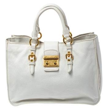 Pre Owned Miu Miu White Madras Leather Pushlock Tote