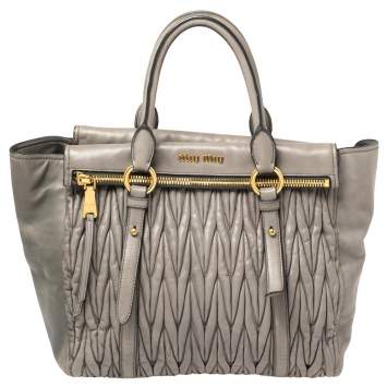 Pre Owned Miu Miu Grey Gathered Leather To Zip Tote