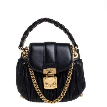 Pre Owned Miu Miu Black Matelasse Leather Coffer Charm Chain Bag