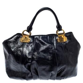 Pre Owned Miu Miu Dark Blue Pleated Patent Leather Tote