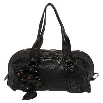 Pre Owned Miu Miu Black Leather Vintage Floral Embellished Satchel