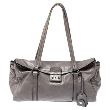 Pre Owned Miu Miu Grey Vitello Shine Leather Pushlock Flap Tote