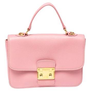 Pre Owned Miu Miu Pink Madras Leather Push Lock Flap Top Handle Bag