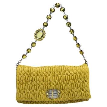 Pre Owned Miu Miu Yellow Matelasse Nappa Leather Crystal Shoulder Bag