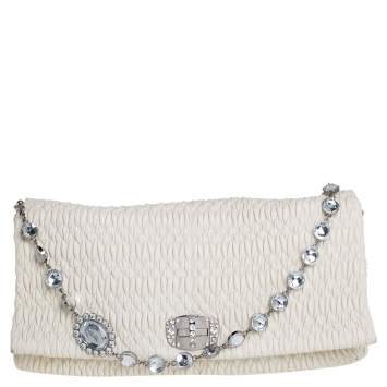 Pre Owned Miu Miu Off White Matelassé Nappa Leather Large Crystal Shoulder Bag
