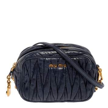 Pre Owned Miu Miu Navy Blue Matelassé Leather Camera Crossbody Bag