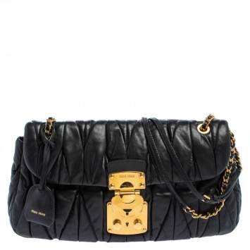 Pre Owned Miu Mu Black Matelassé Leather Flap Shoulder Bag