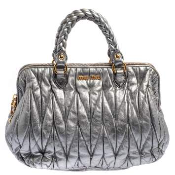 Pre Owned Miu Miu Metallic Grey Matelasse Leather Special Edition 08/08 Frame Satchel