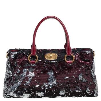 Pre Owned Miu Miu Burgundy/Silver Sequin and Leather Turnlock Shoulder Bag