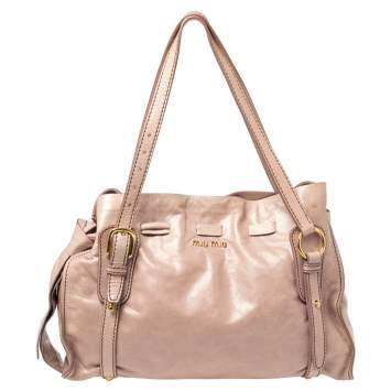 Pre Owned Miu Miu Pale Pink Vitello Shine Leather Drawstring Tote