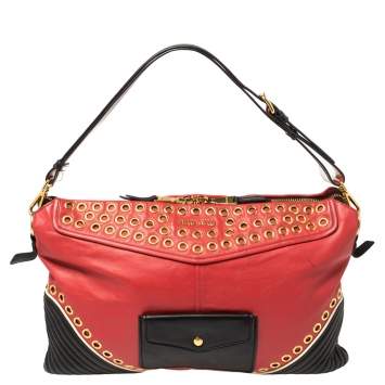 Pre Owned Miu Miu Red/Black Leather Grommeted Biker Shoulder Bag