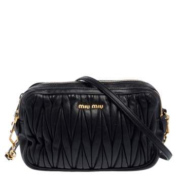 Pre Owned Miu Miu Black Matelasse Leather Double Zip Crossbody Bag