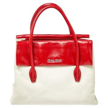 Pre Owned Miu Miu Red/Cream Vitello Shine Leather Double Flap Tote