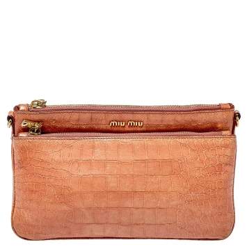 Pre Owned Miu Miu Pink Croc Embossed Leather Crossbody Bag