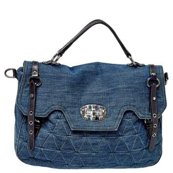 Pre Owned Miu Miu Blue Quilted Denim and Leather Paloma Top Handle Bag