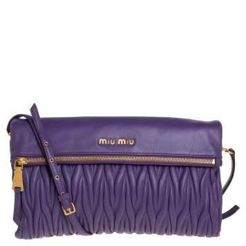 Pre Owned Miu Miu Purple Matelasse Leather Zipper Flap Crossbody Bag