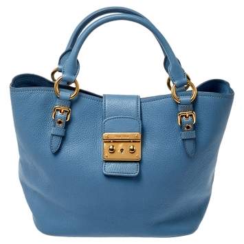 Pre Owned Miu Miu Light Blue Madras Leather Pushlock Tote