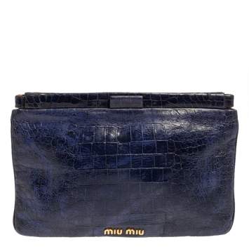 Pre Owned Miu Miu Blue Croc Embossed Patent Leather Frame Clutch